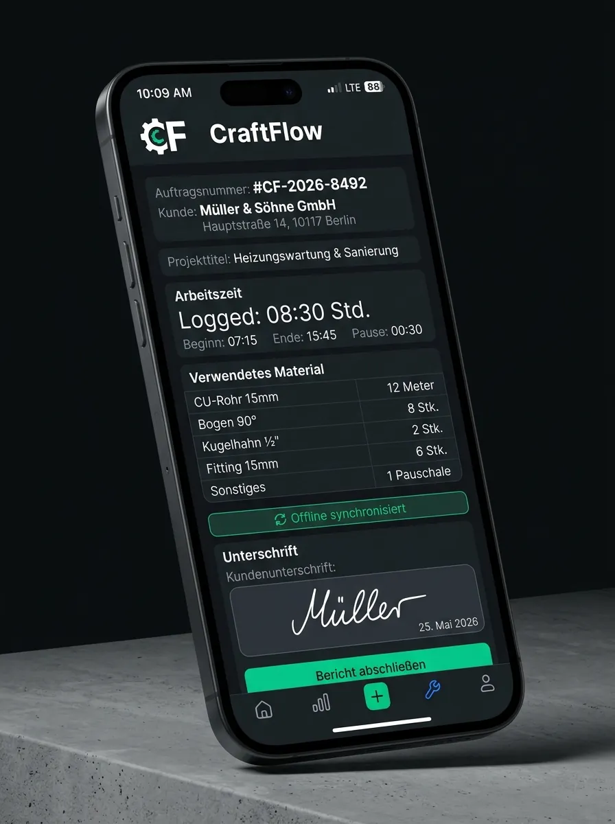 CraftFlow Mobile App: Digitaler Montagebericht mit Kundenunterschrift