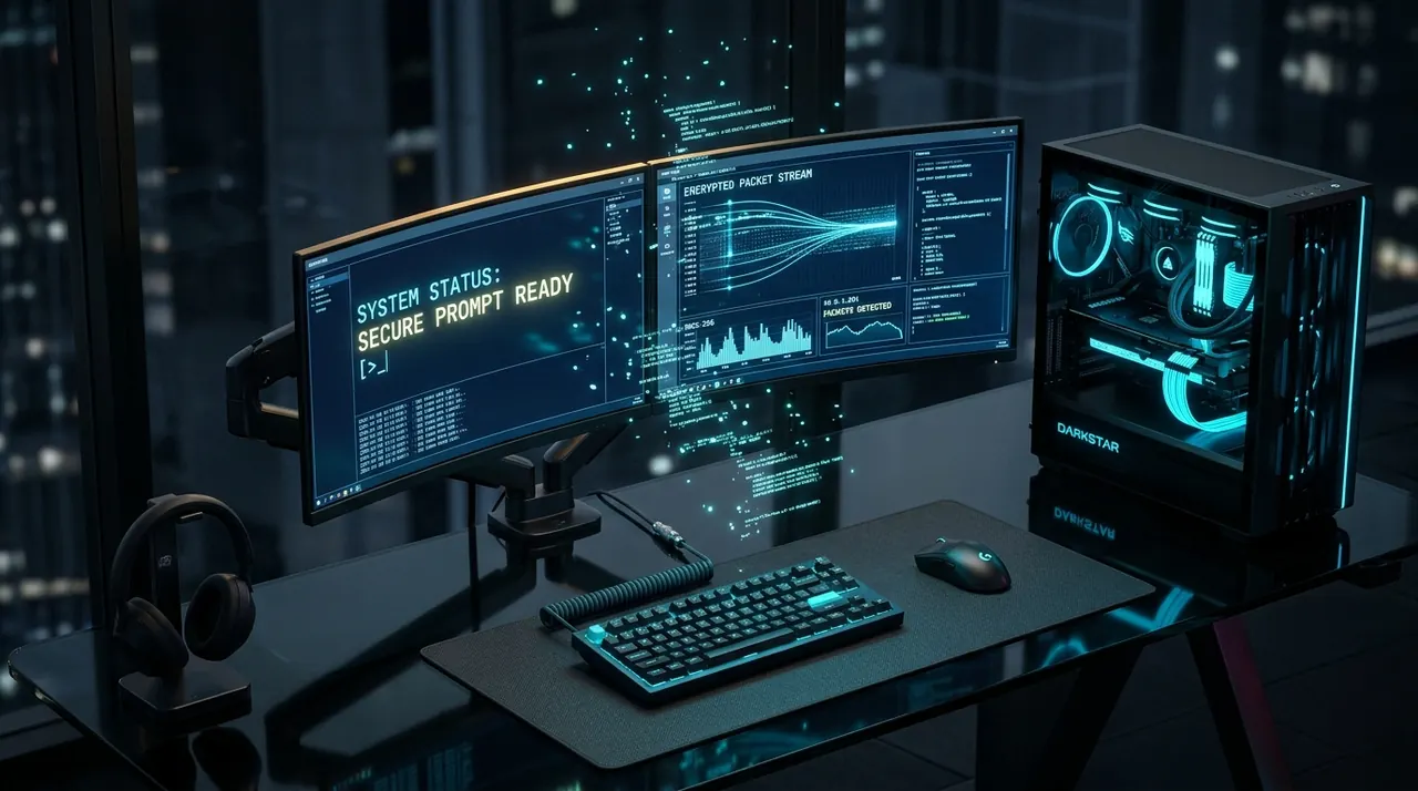 Station 1: Moderner PC-Arbeitsplatz im Unternehmen mit gesicherter Prompt-Eingabe und Terminal-Status